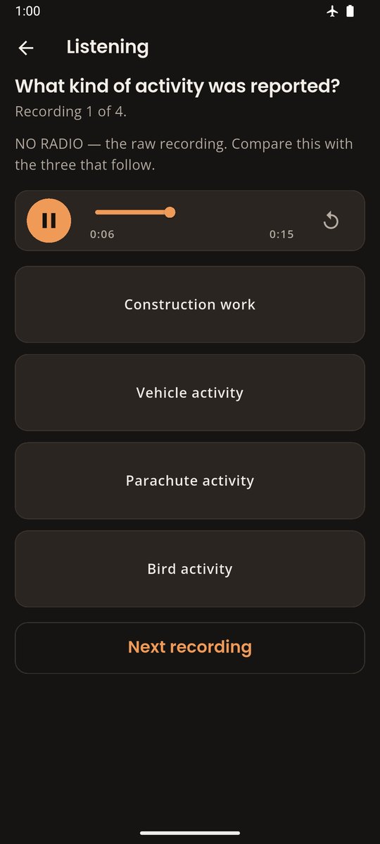 The app in airplane mode: a listening question, its recording playing with no signal.