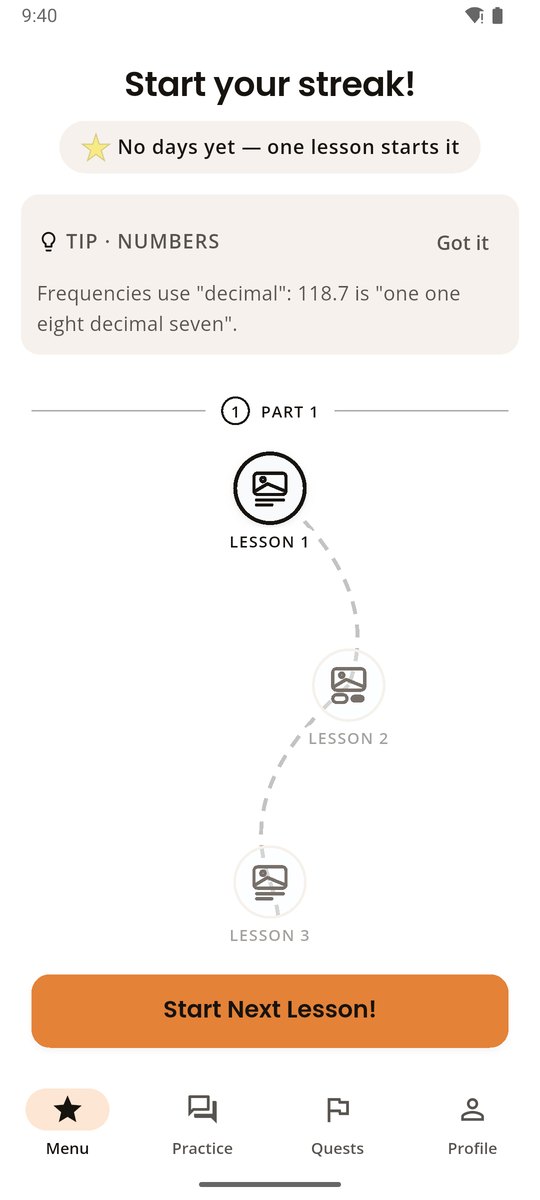 The lesson path, with the tip of the day about saying decimal.