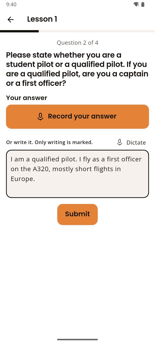 An interview question with a written answer about flying as a first officer.