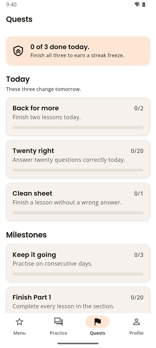 The Quests screen: three quests for today and the milestones.